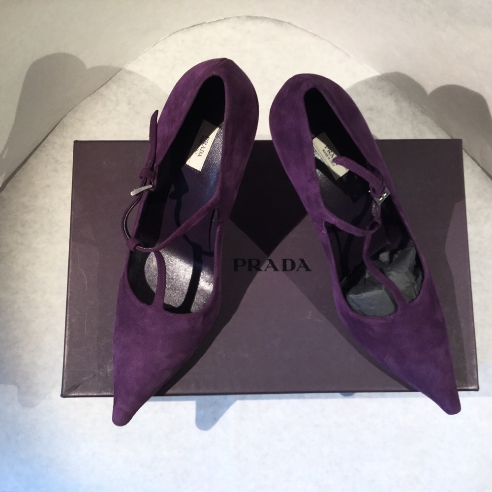 Prada T strap purple suede heels